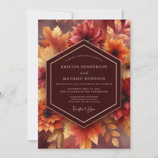 Burgundy Autumnal Bloom Wedding 招待状 (正面)