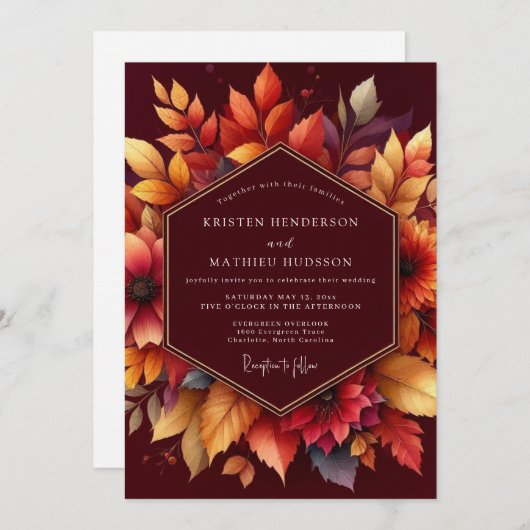 Burgundy Autumnal Floral Romance Wedding 招待状 (正面/裏面)