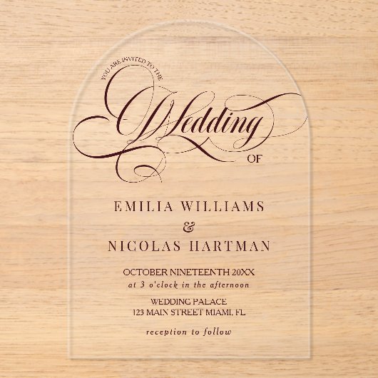 Burgundy Baroque Elegant Wedding アクリル招待状 (正面)