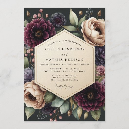 Burgundy Baroque Floral Wedding 招待状 (正面)