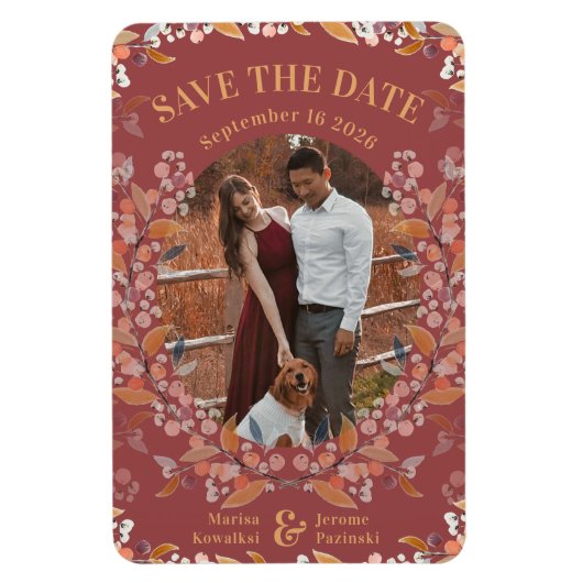Burgundy Berry金ゴールド額縁写真Save the Date マグネット (縦)