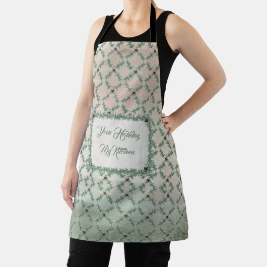 Burgundy Berry Holly Pine Christmas Kitchen Apron エプロン (インサイチュ)