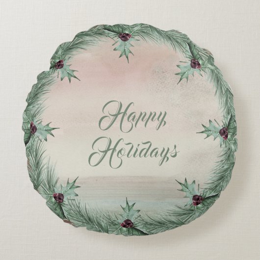 Burgundy Berry Holly Pine Christmas Round Pillow ラウンドクッション (正面)