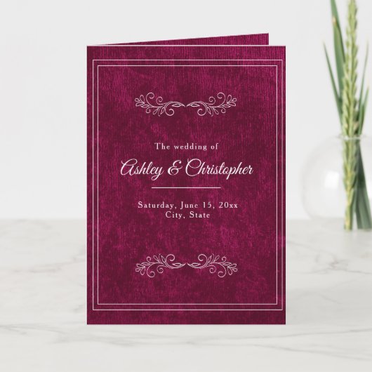 Burgundy Berry Velvet White Folded Wedding Program プログラム (正面)