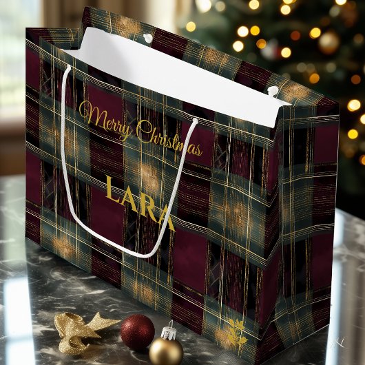 Burgundy, Black, and Gold Glowing Plaid Christmas ラージペーパーバッグ