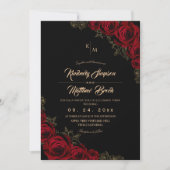 Burgundy Black and Gold Rose Floral Boho Wedding 招待状 (正面)