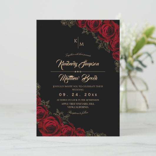 Burgundy Black and Gold Rose Floral Boho Wedding 招待状 (スタンド正面)