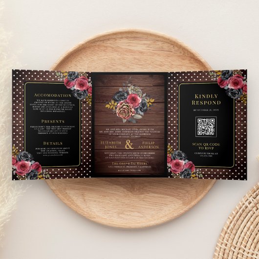 Burgundy Black Floral Roses Rustic Wood Wedding 三つ折り招待状