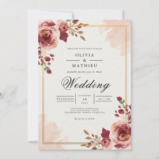 Burgundy Bloom Archway Wedding 招待状 (正面)