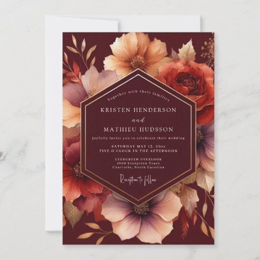 Burgundy Bloom Autumn Wedding 招待状 (正面)