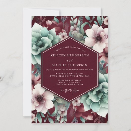 Burgundy Bloom Elegance Wedding 招待状 (正面)