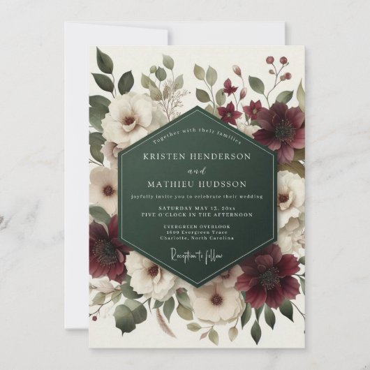 Burgundy Bloom Ethereal Wedding 招待状 (正面)