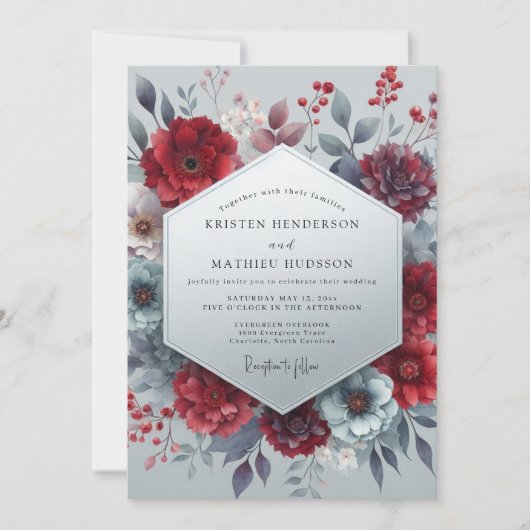 Burgundy Bloom Moody Wedding 招待状 (正面)
