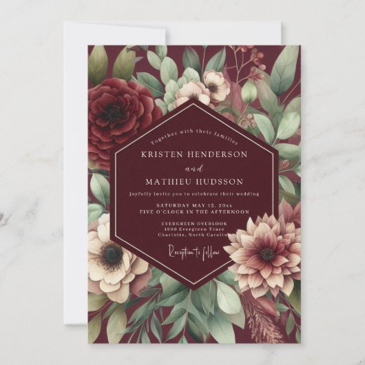 Burgundy Bloom Nocturne Wedding 招待状 (正面)