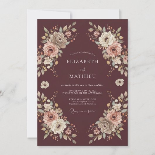 Burgundy Bloom Romantic Flourish Wedding 招待状 (正面)