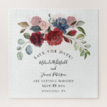 Burgundy Bloom Rustic Floral Save The Date ジグソーパズル<br><div class="desc">Amaze your guests with this burgundy rustic floral bouquet save the date puzzle announcement. Simply add your date, names, and venue by clicking the "Personalize" button above. See the other unique save the date keepsakes in our store with the same or different designs to make your announcement unique and memorable...</div>