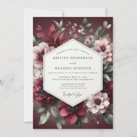 Burgundy Bloom Wedding 招待状 (正面)