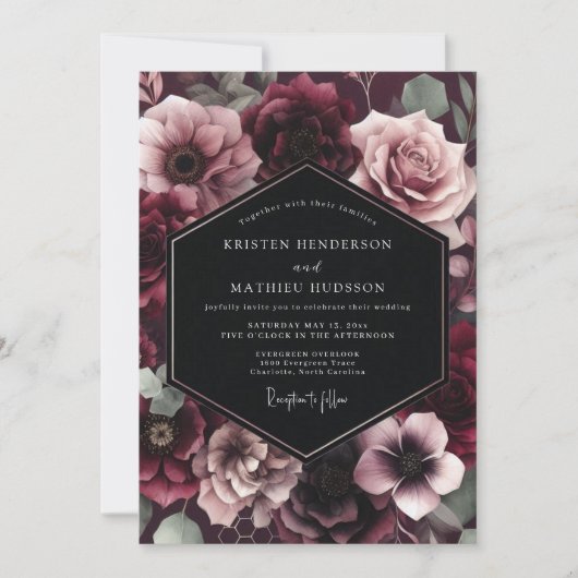 Burgundy Bloom Wedding 招待状 (正面)