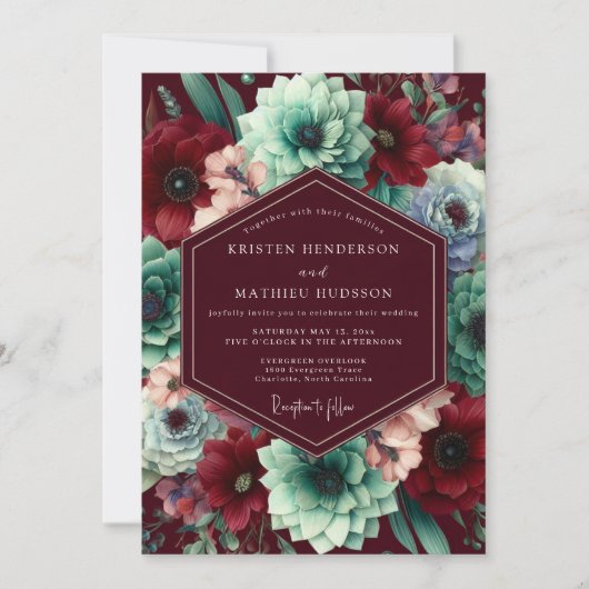 Burgundy Bloom Whimsy Wedding 招待状 (正面)