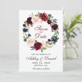 Burgundy Blueフローラリース日付カードの保存 セーブザデート (スタンド正面)