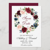 Burgundy Blueフローラリース日付カードの保存 セーブザデート (正面/裏面)