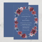 Burgundy Blue Bloom Wedding 招待状 (正面/裏面)