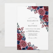 Burgundy Blue Painterly Bloom Wedding 招待状 (正面/裏面)