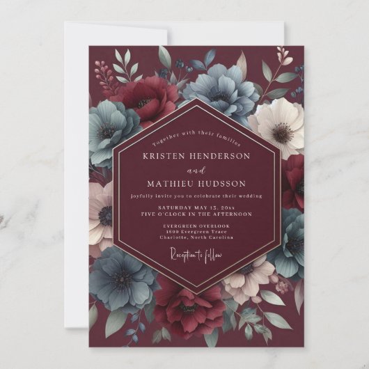 Burgundy & Blue Shadowy Bloom Wedding 招待状 (正面)