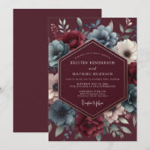 Burgundy & Blue Shadowy Bloom Wedding 招待状 (正面/裏面)