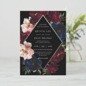 Burgundy Blush Black Navy Floral Silver Wedding 招待状 (スタンド正面)