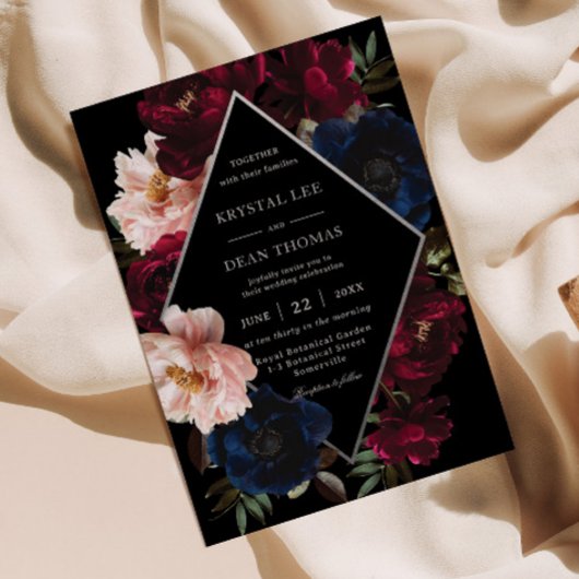 Burgundy Blush Black Navy Floral Silver Wedding 招待状