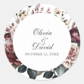 Burgundy & Blush Boho Floral Round Wedding ラウンドシール (正面)