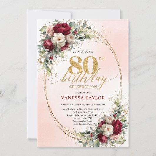 Burgundy Blush Boho Garden 80th Birthday Invites 招待状 (正面)