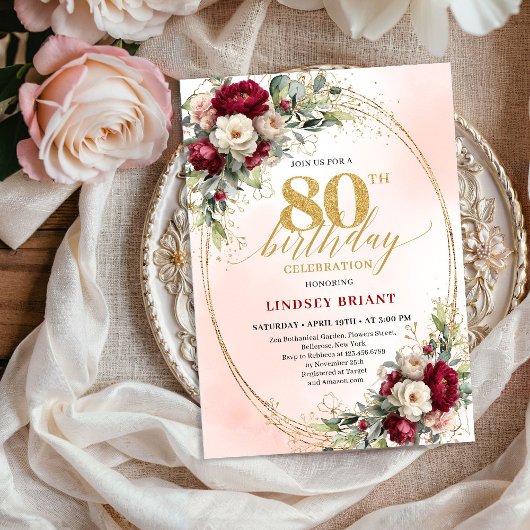 Burgundy Blush Boho Garden 80th Birthday Invites 招待状