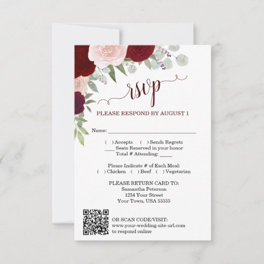 Burgundy Blush Boho Roses Wedding QR Code RSVP 招待状 (正面)