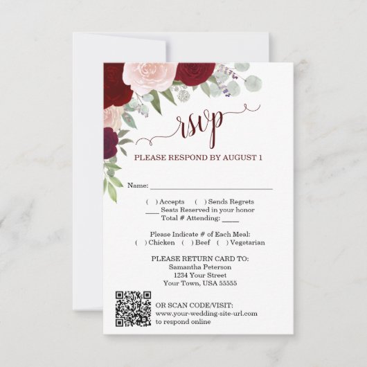 Burgundy Blush Boho Roses Wedding QR Code RSVP 招待状 (正面)
