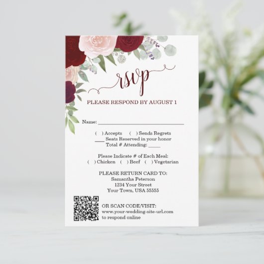 Burgundy Blush Boho Roses Wedding QR Code RSVP  招待状 (スタンド正面)
