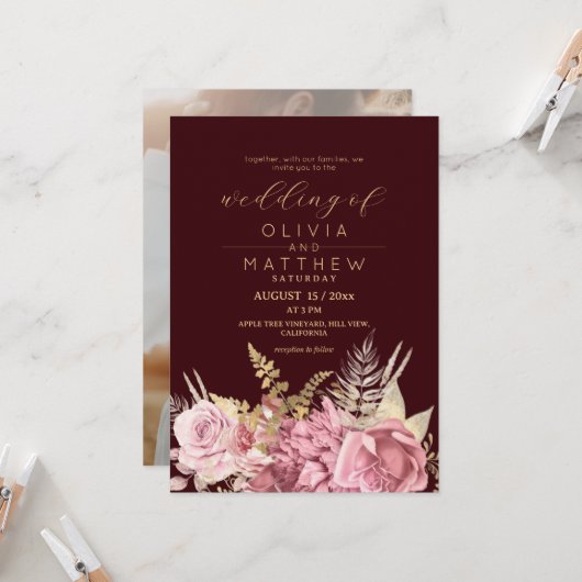 Burgundy Blush Dusty Rose ⎮ Gold Floral Wedding 招待状 (正面/裏面インサイチュ)