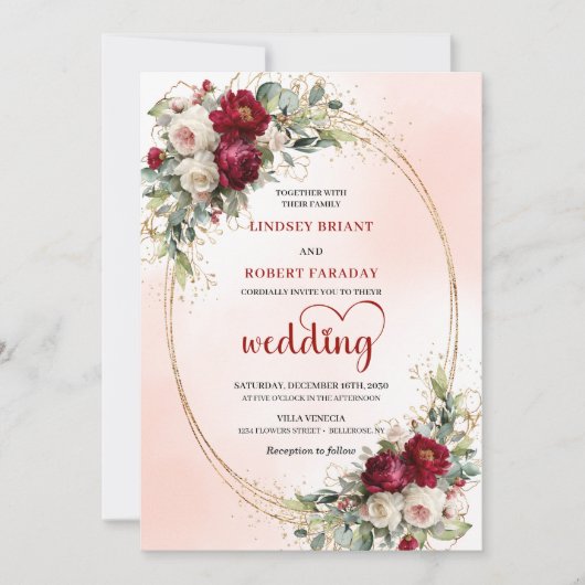 Burgundy Blush Floral Boho Wedding Invitation 招待状 (正面)