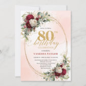 Burgundy Blush Floral Chic 80th Birthday Invite 招待状 (正面)