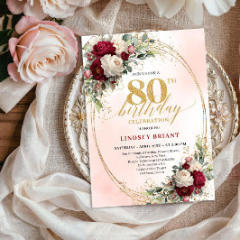 Burgundy Blush Floral Chic 80th Birthday Invite 招待状