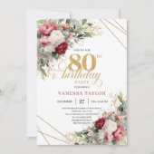 Burgundy blush floral elegant gold design 80th  招待状 (正面)