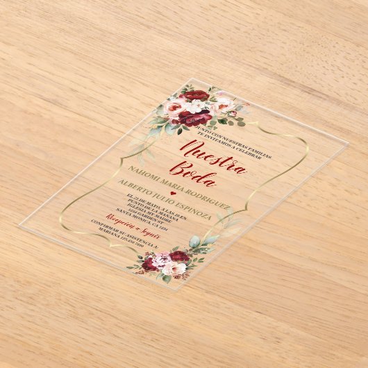 Burgundy Blush Floral Fall Spanish Nuestra Boda  アクリル招待状 (レイダウン)