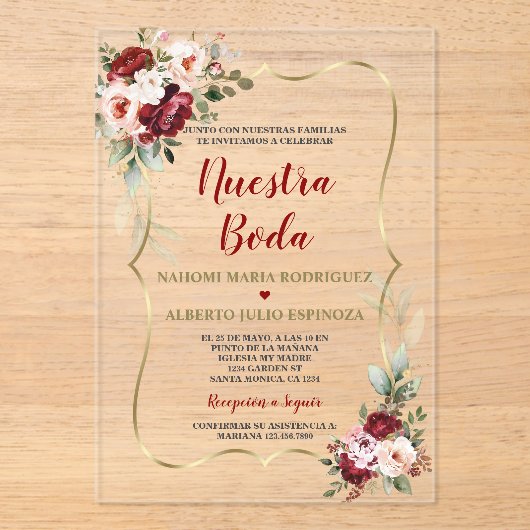 Burgundy Blush Floral Fall Spanish Nuestra Boda  アクリル招待状 (正面)