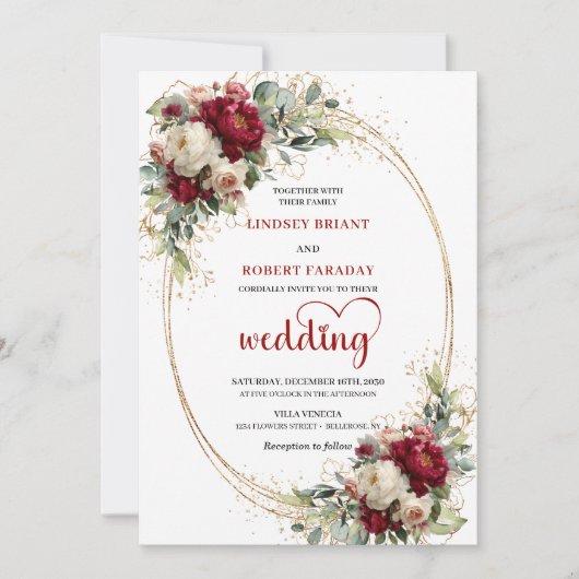 Burgundy Blush Floral Gold Boho Wedding Invite 招待状 (正面)