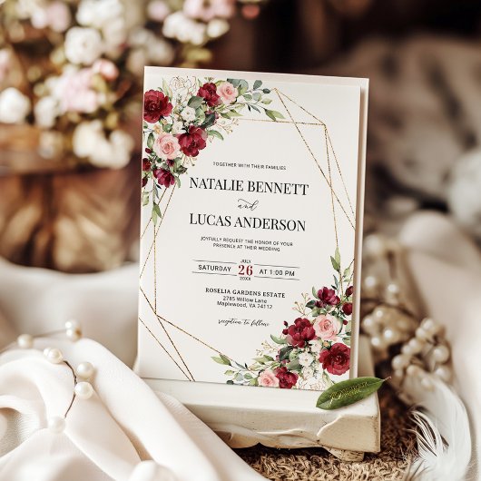 Burgundy Blush Floral Gold Geometric Wedding  招待状