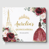 Burgundy Blush Floral Paris Eiffel Quinceanera XV ゲストブック (正面)