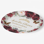 Burgundy Blush Floral Quinceañera Crown Butterfly ペーパープレート (アングル)