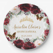 Burgundy Blush Floral Quinceañera Crown Butterfly ペーパープレート (正面)