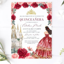 Burgundy Blush Floral Quinceanera Invitatio Red 招待状